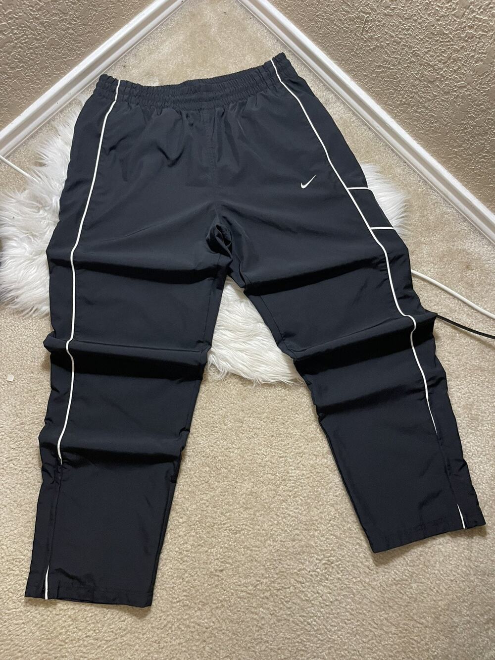 Y2K Vintage Black Nike Baggy Nylon Track Pants With White Stripe Large